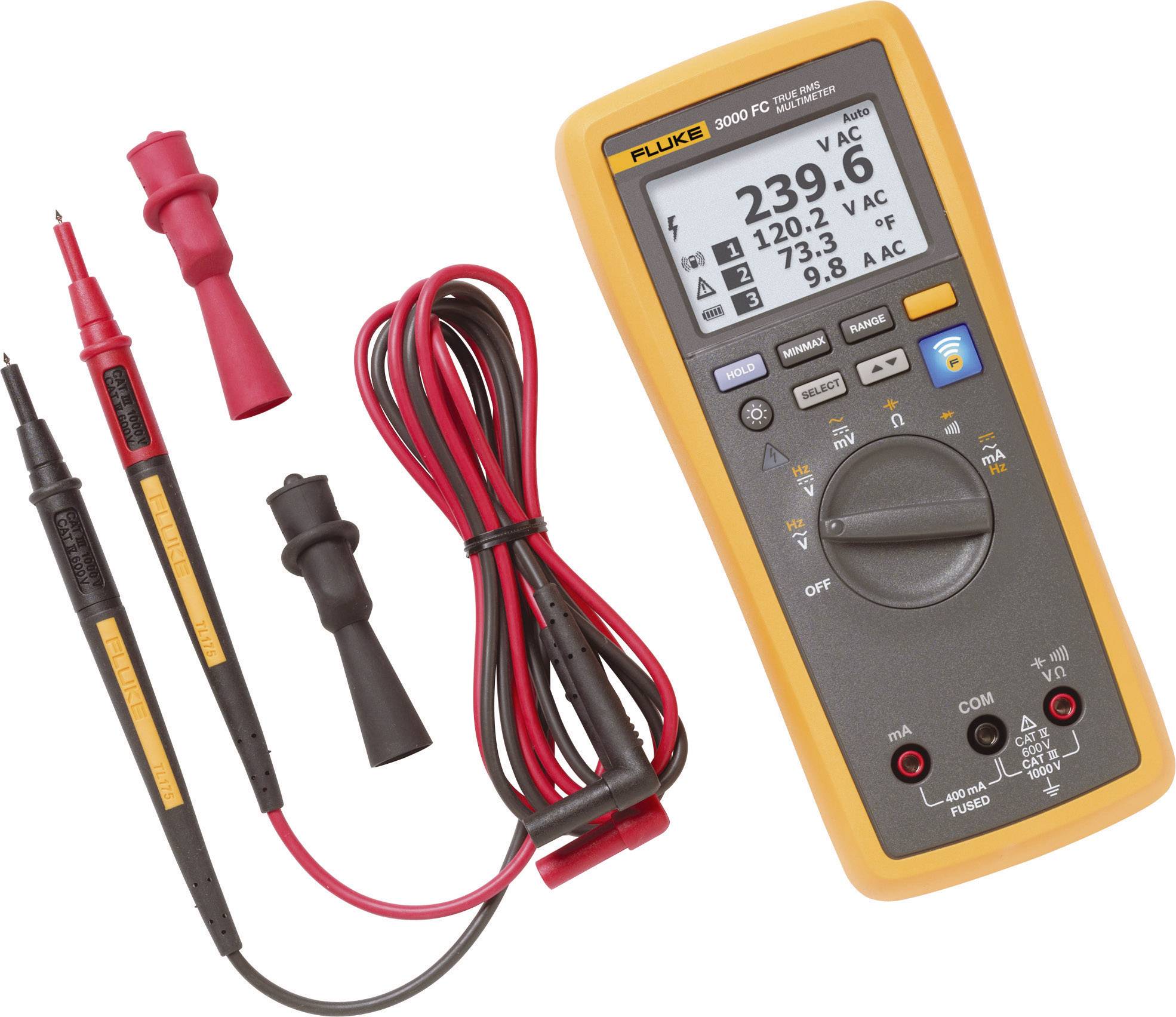 Digitalmultimeter mit LCD-Anzeige zeigt 239,9 V an. Enthält rote und schwarze Messleitungen sowie Krokodilklemmen.