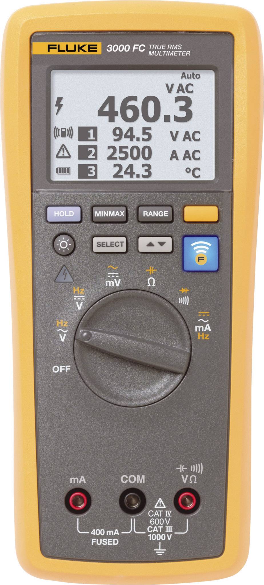 Digitales Multimeter in Gelb und Grau mit Displayanzeige: '460.3 V AC', '94.5 A', '2500 Hz', '24.3°C'. Tasten für Funktionen.