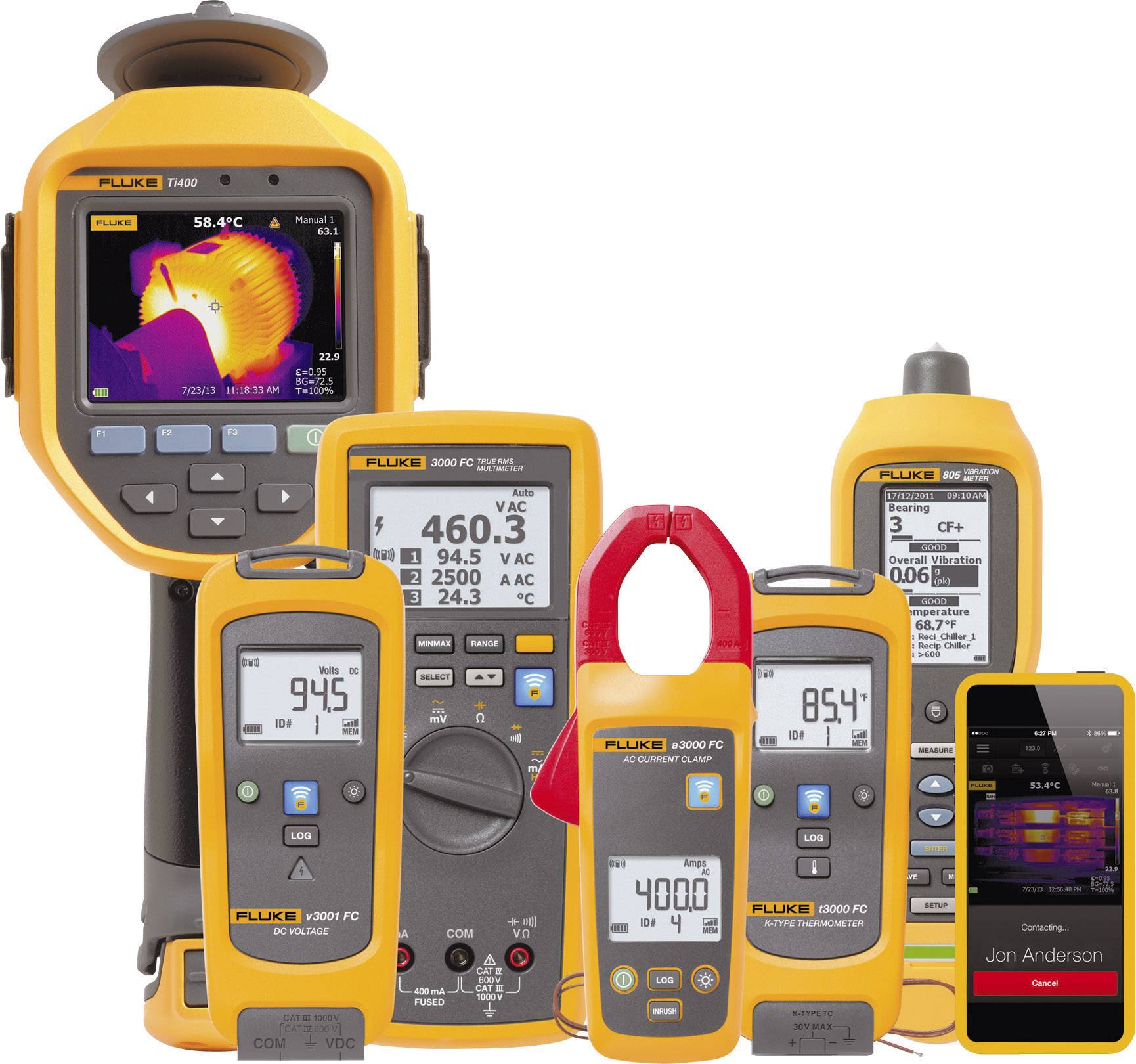 Verschiedene gelbe elektronische Messgeräte, darunter eine Wärmebildkamera, ein Multimeter und andere, zur Messung elektrischer Werte.