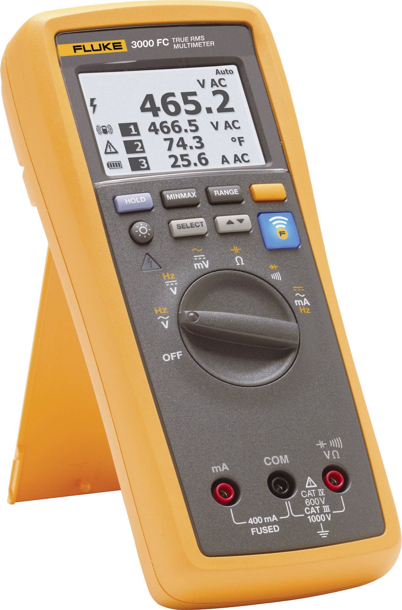 Ein gelbes Digitalmultimeter mit einem Display, das den Spannungswert 465,2 V anzeigt. Das Gerät hat mehrere Messoptionen.