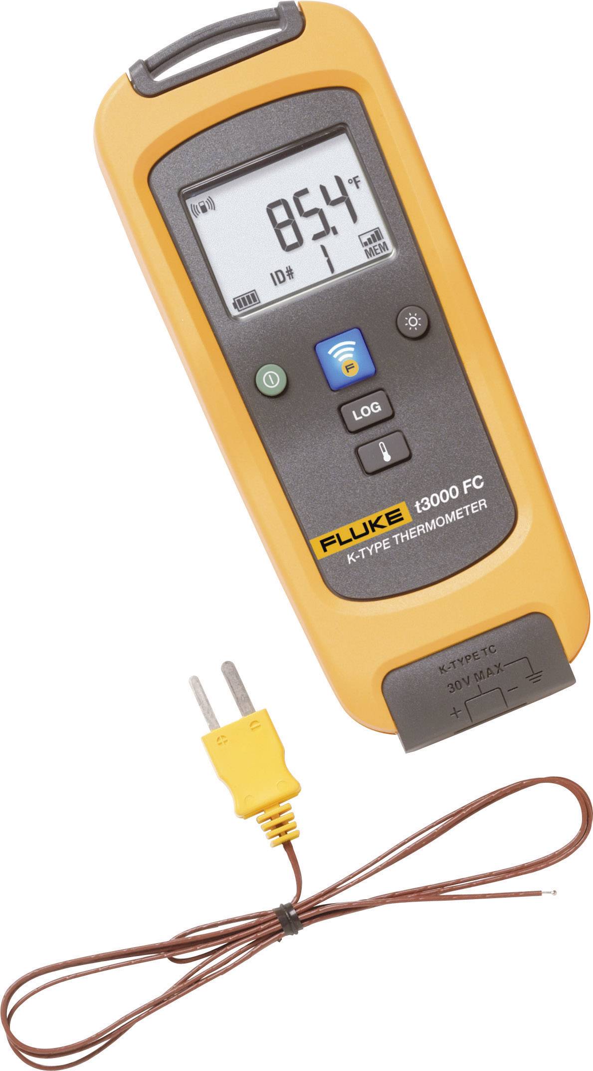 Ein gelbes digitales Thermometer mit Kabel und Sensor zeigt eine Temperatur von 85,4 Grad Fahrenheit auf dem Display an.