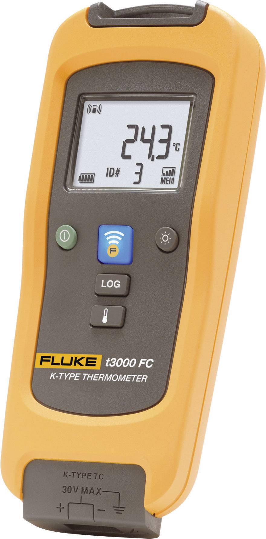 Digitalthermometer in orange, zeigt 24,3°C auf Display. Tasten für Log und Wireless. Marke 'Fluke' unten. Designed für Temperaturmessungen.