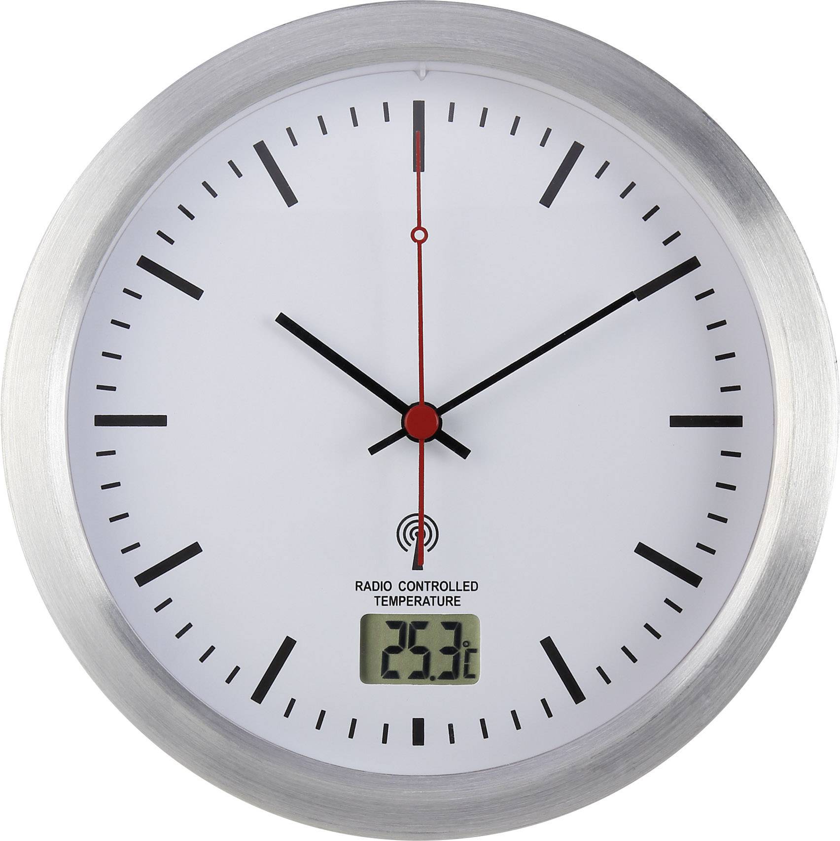 Analog-Wanduhr mit metallischem Rahmen zeigt 10:10 Uhr; unten digitale Anzeige mit Temperatur von 23,3°C.
