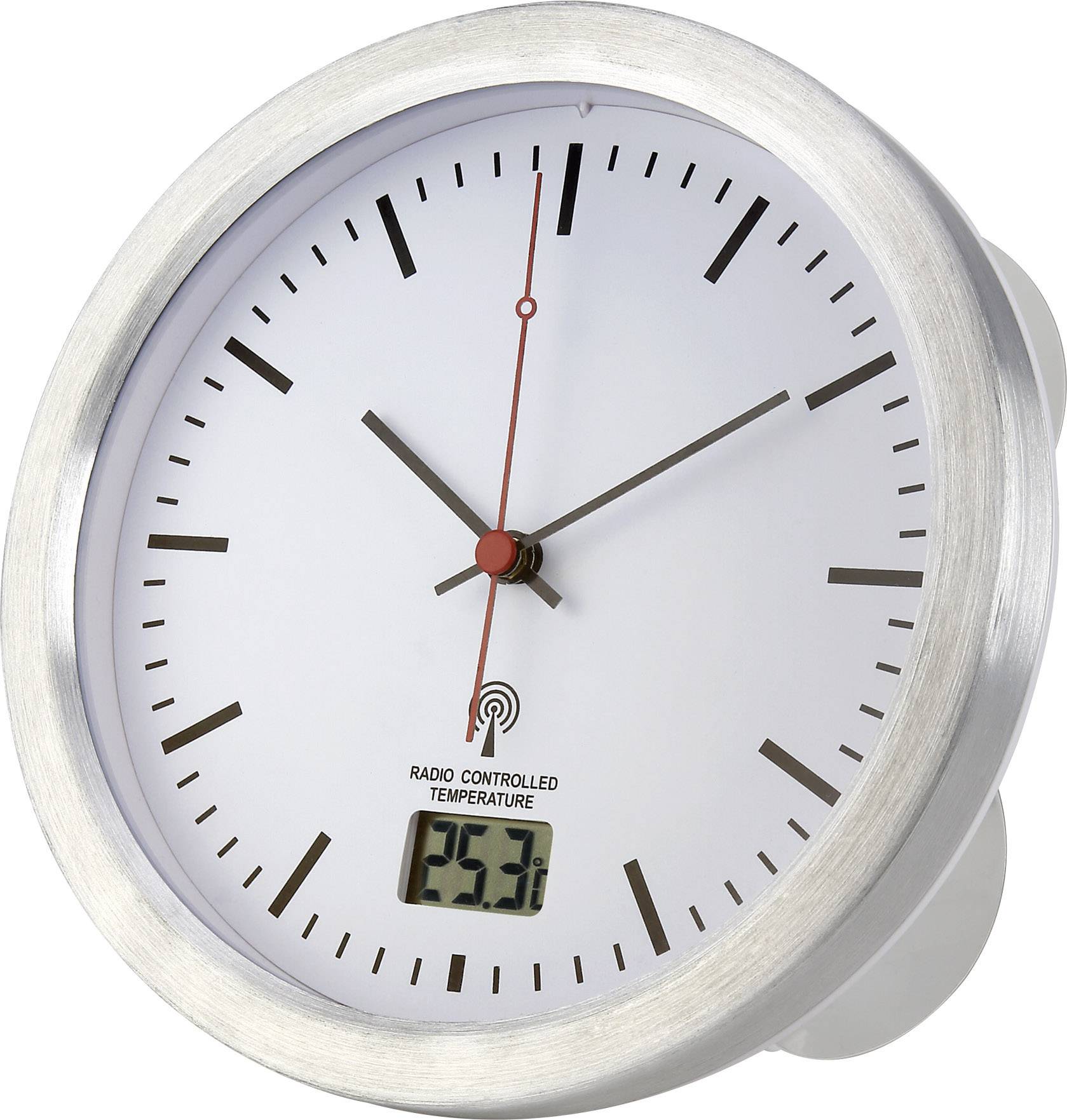 Analoguhr mit Metallrahmen zeigt 10:10 Uhr. Digitalanzeige darunter zeigt Temperatur: 23,5°C. Geeignet für Wandmontage.