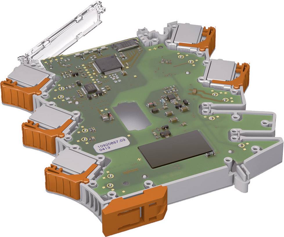 Eine elektronische Leiterplatte mit mehreren Anschlüssen und Komponenten, die möglicherweise für industrielle Anwendungen verwendet wird.