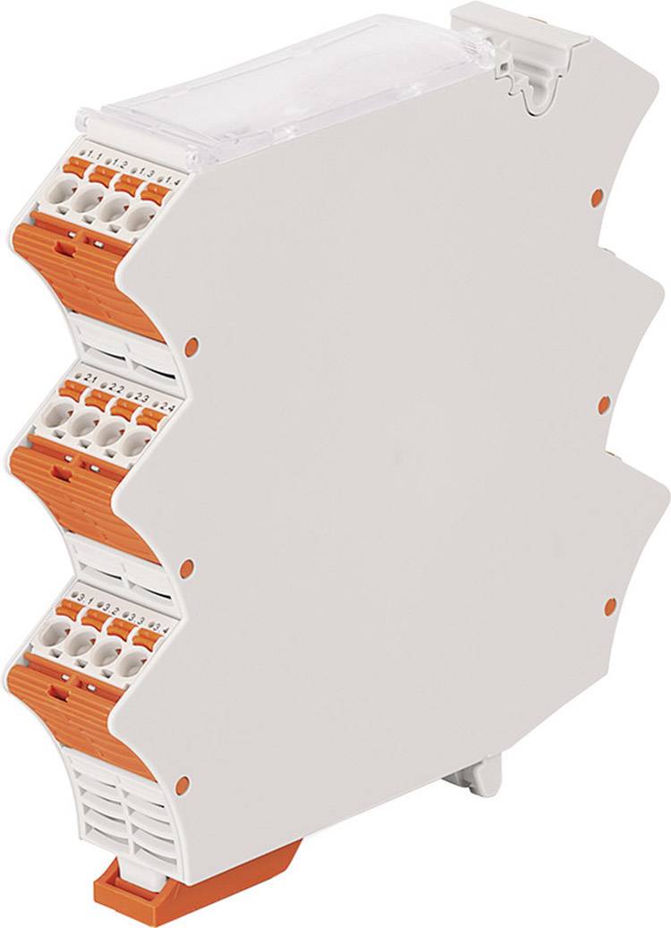 Ein mehrfaches Reihenklemmenmodul mit orangenen Anschlussklemmen, geeignet für die Montage auf einer Tragschiene in elektrischen Komponenten.