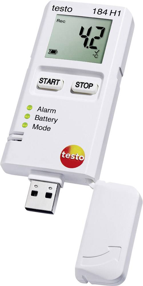 Ein digitaler Temperaturlogger mit Display zeigt '4,2 °C'. Funktionen: Start, Stop, Alarm, Batterie, Modus. USB-Anschluss unten.