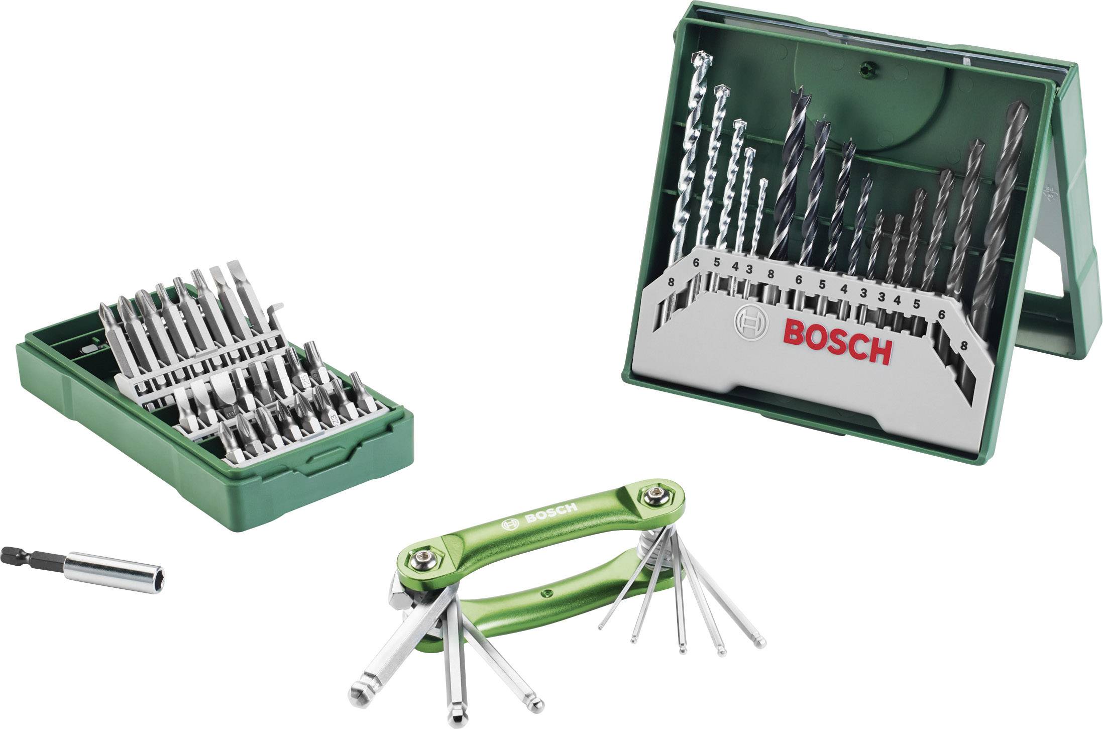 Ein Bosch-Bohrer- und Schraubendrehersatz in grünem Etui mit verschiedenen Aufsätzen für Heimwerkerarbeiten.