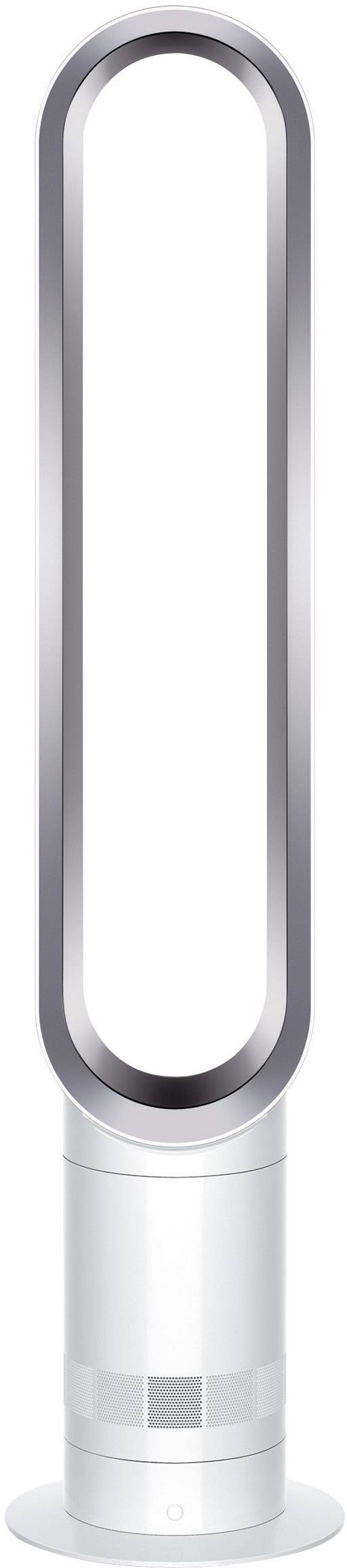 Ein moderner, weißer Turmventilator ohne sichtbare Rotorblätter. Schlankes, ovales Design mit einem stabilen Standfuß.