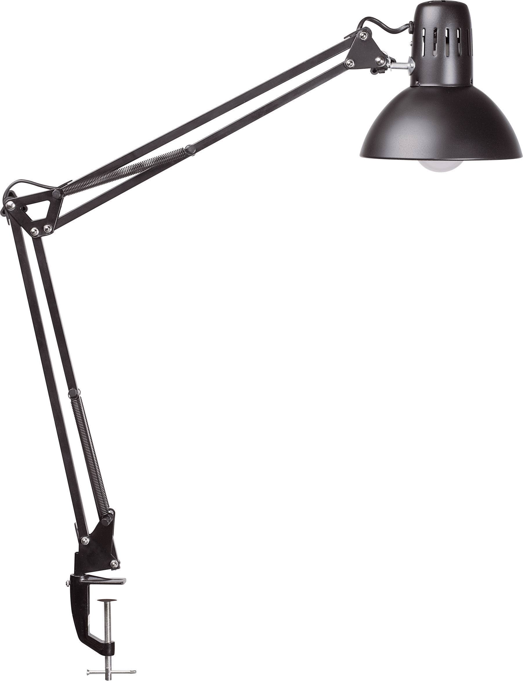 Schwarze Schreibtischlampe mit verstellbarem Gelenkarm und runder Lampenschirm, die an der Tischkante befestigt werden kann.