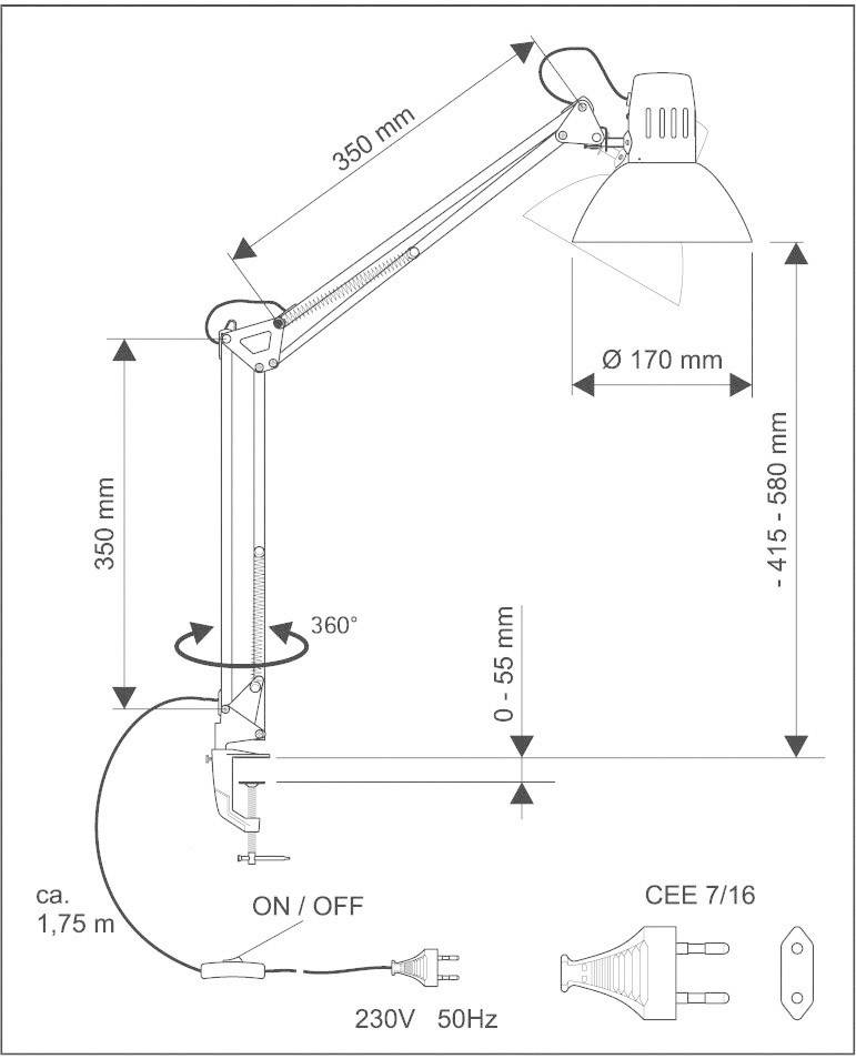 Technische Zeichnung einer Gelenkarmleuchte mit Maßen: 350 mm Armlänge, 170 mm Lampenschirm-Durchmesser. Basis: 55 mm. Schalter: Ein/Aus. Stecker: CEE 7/16, 230V, 50Hz. Höhenverstellbar: 415-580 mm.