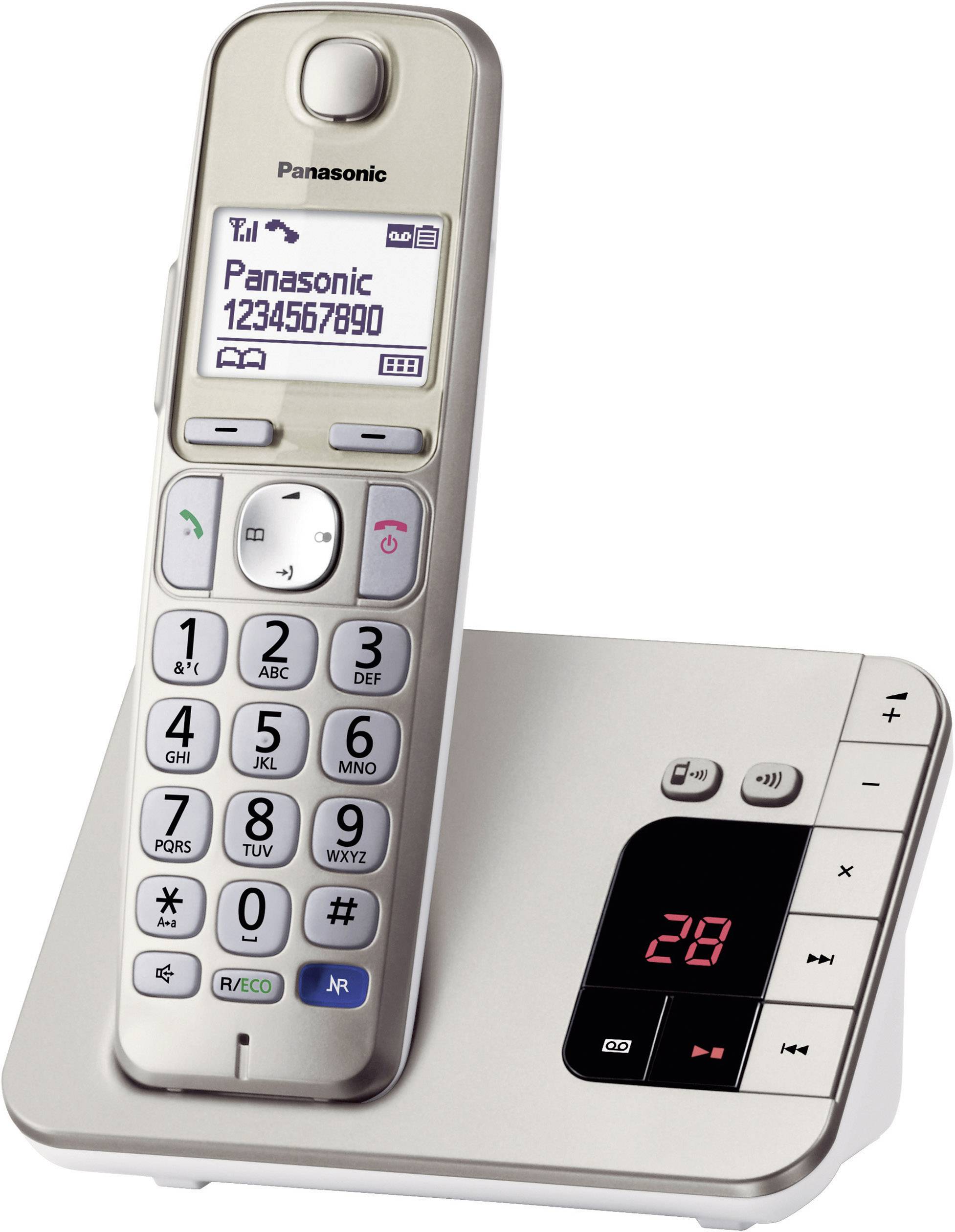 Panasonic KX-TGE220 Schnurloses Seniorentelefon Anrufbeantworter, Freisprechen Beleuchtetes Display Champagner
