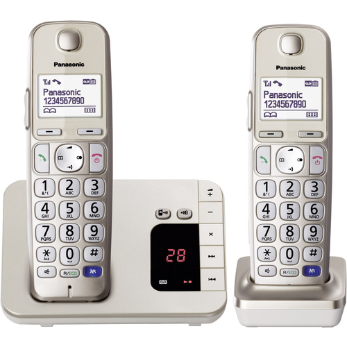 Téléphone sans fil pour séniors Panasonic KX-TGE222 Duo répondeur téléphonique, fonction mains libres écran éclairé champagne