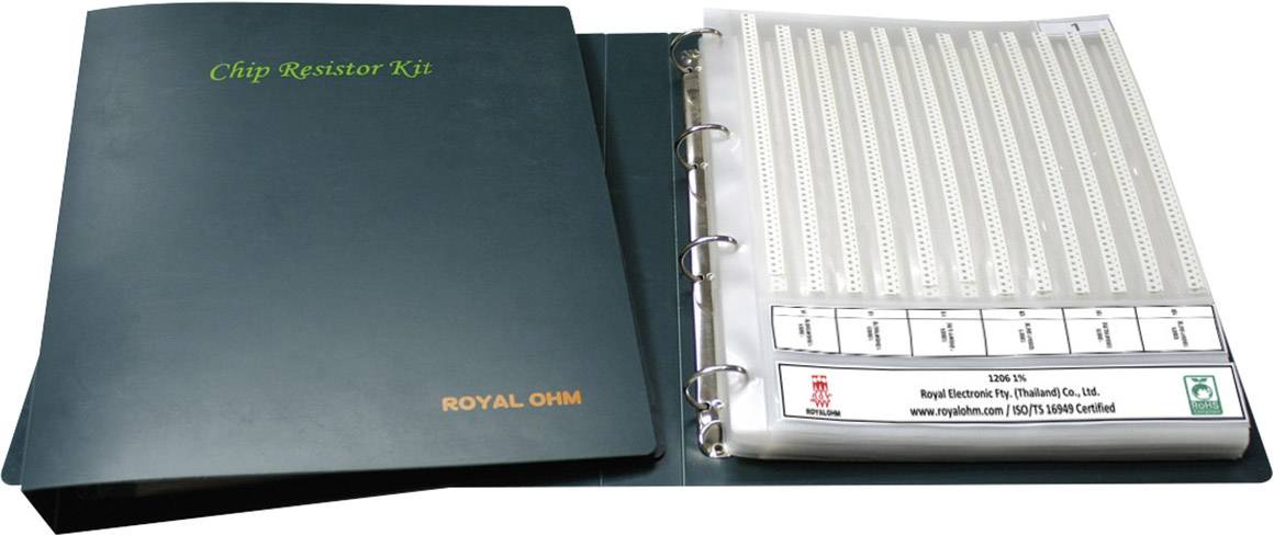 'Chip Resistor Kit' Ordner mit Ringmechanismus. Rechts sind Widerstandsreihen organisiert in transparenten Taschen.
