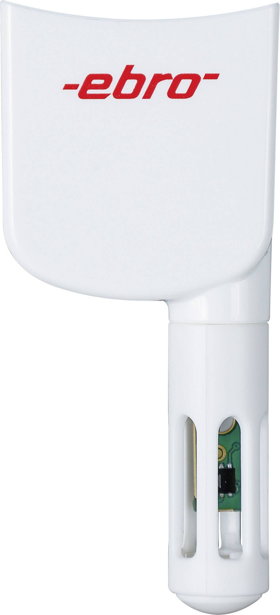 Weißer Sensor mit roten 'ebro'-Schriftzug, teilweise sichtbarer Platine im unteren Bereich, vermutlich für Temperatur- oder Feuchtigkeitsmessung.