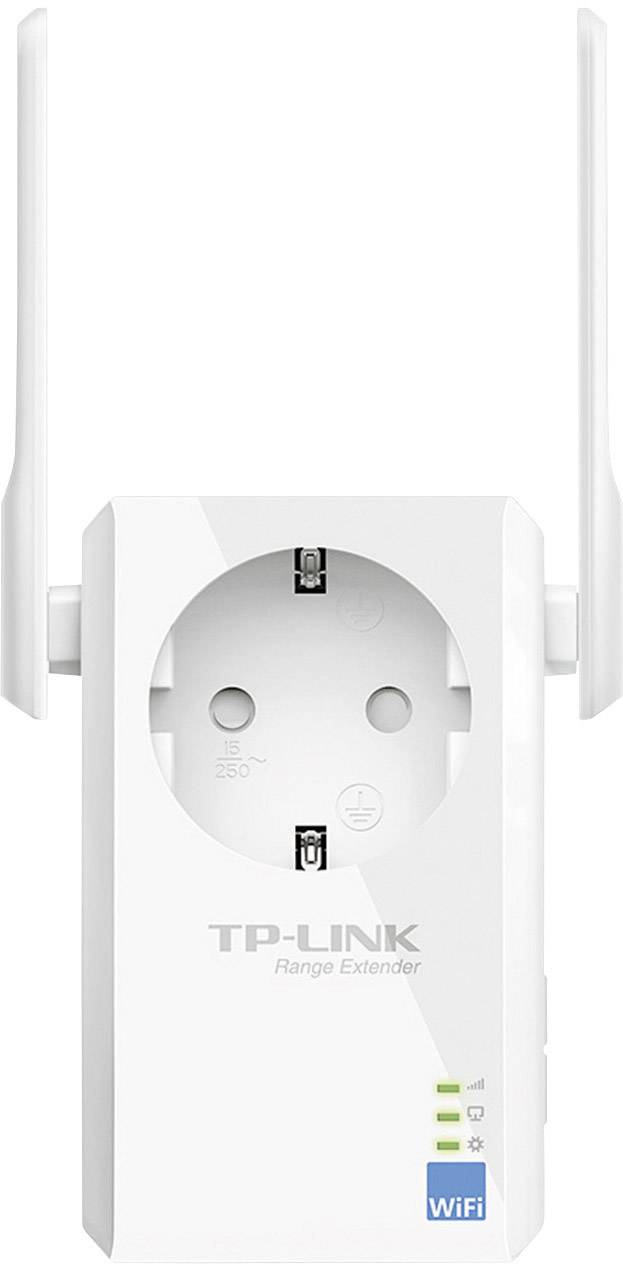 Der TP-Link WLAN-Repeater mit zwei Antennen verbessert die WLAN-Reichweite. LED-Anzeigen zeigen den Signalstatus an.