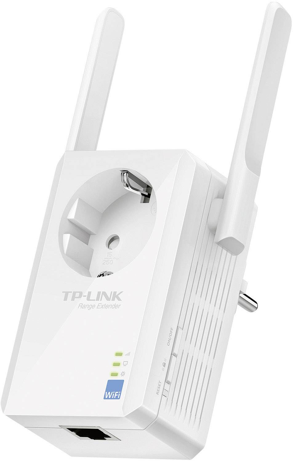 WLAN-Repeater mit Steckdosenanschluss und zwei Antennen, Marke TP-Link, weißes Gehäuse. Erweitert das WLAN-Signal im Haus.