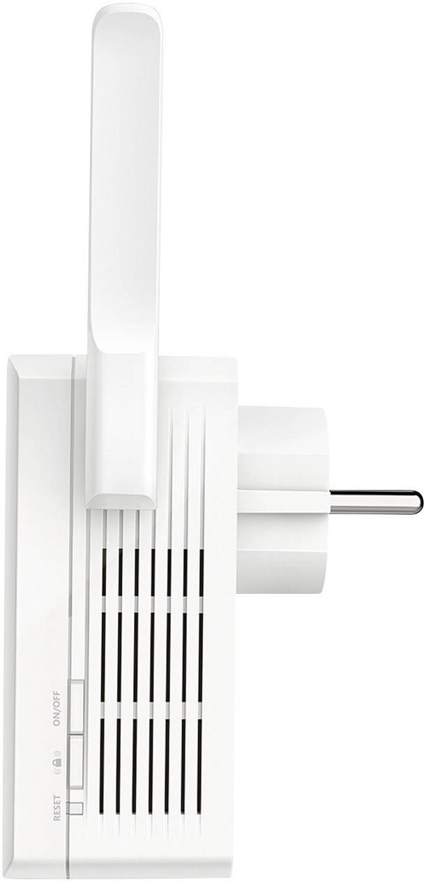 Ein weißer WLAN-Repeater mit Steckdosenanschluss und Antenne, seitlich betrachtet, zeigt Lüftungsschlitze und Kontrollanzeigen.