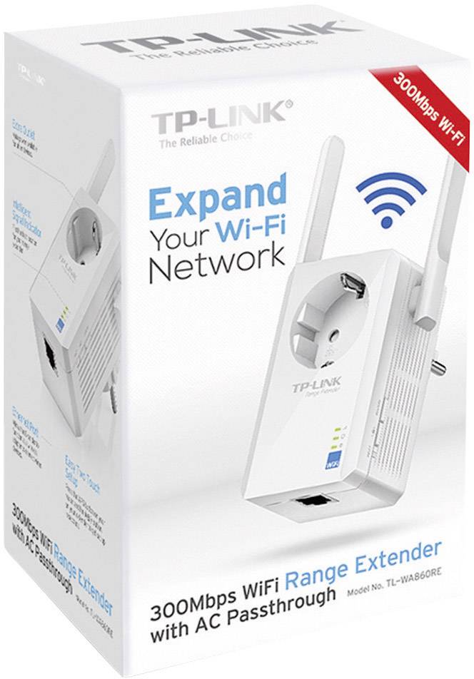 Wi-Fi-Repeater von TP-Link, Modell TL-WA860RE, Verpackung zeigt Gerät mit Steckdose und Antennen, bewirbt '100Mbp WiFi' und erweitert das Netzwerk.