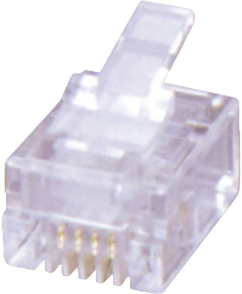 Nahaufnahme eines durchsichtigen RJ45-Steckers, verwendet zur Verbindung von Netzwerkkabeln, besonders Ethernet-Kabeln.