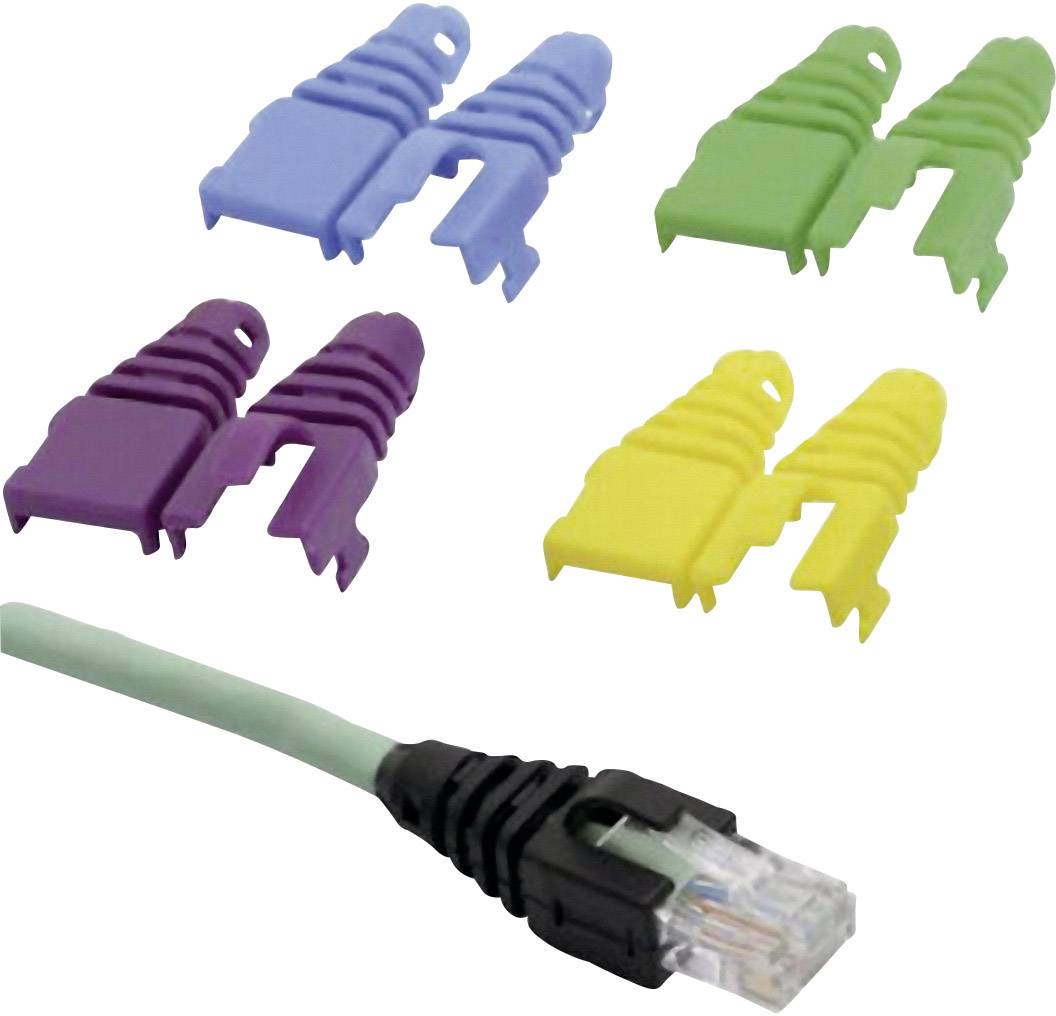 Internet-Netzwerkkabel mit RJ45-Stecker in Schwarz-Grün, daneben farbige Kabelschutzkappen in Blau, Grün, Violett und Gelb.