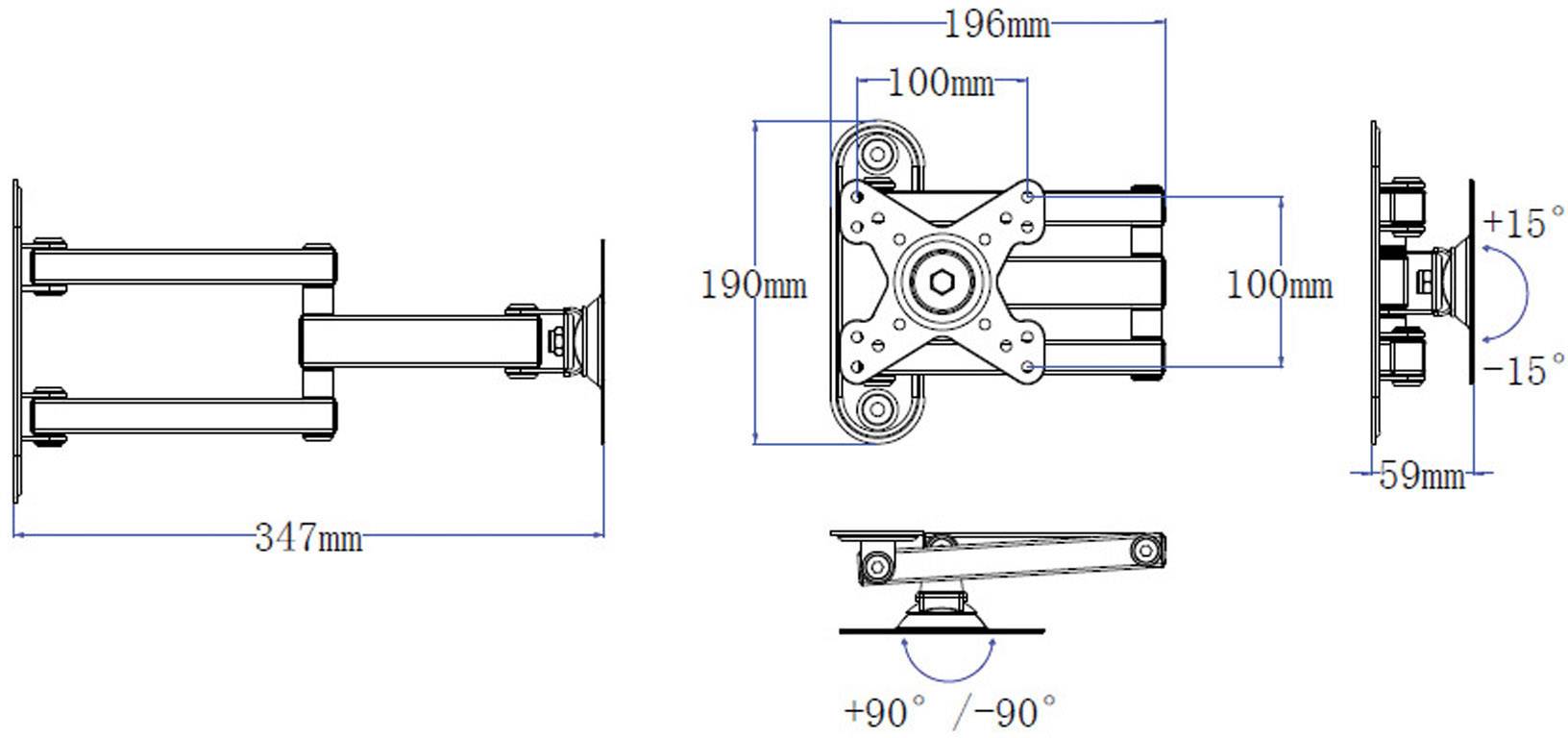 Technische Zeichnung einer verstellbaren Monitorhalterung mit Maßen: Breite 347 mm, Höhe 190 mm. Neigungswinkel: +15°/-15°, Drehung: +90°/-90°.