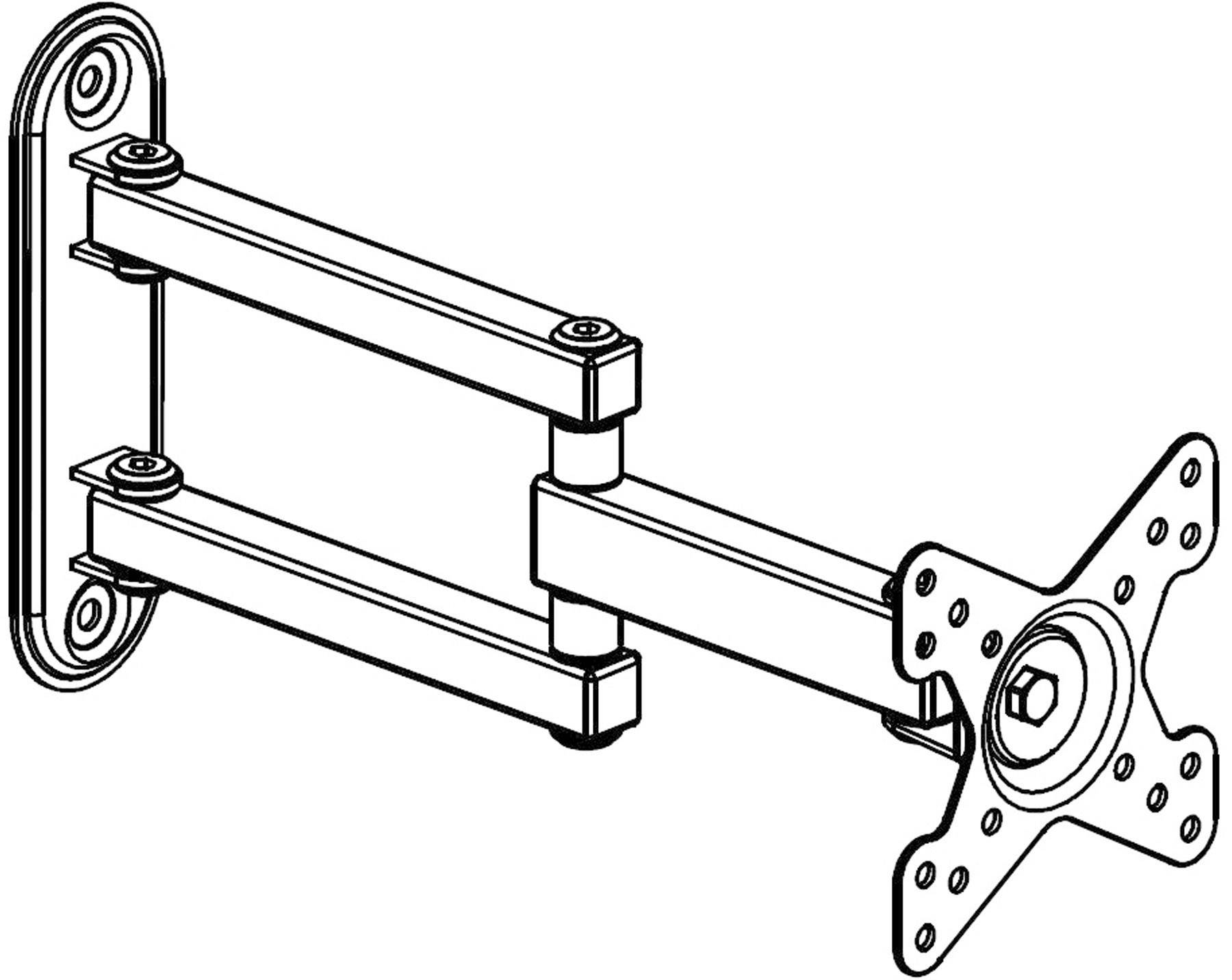 Skizze einer verstellbaren Wandhalterung für Monitore mit Gelenkarmen und VESA-Aufnahme.