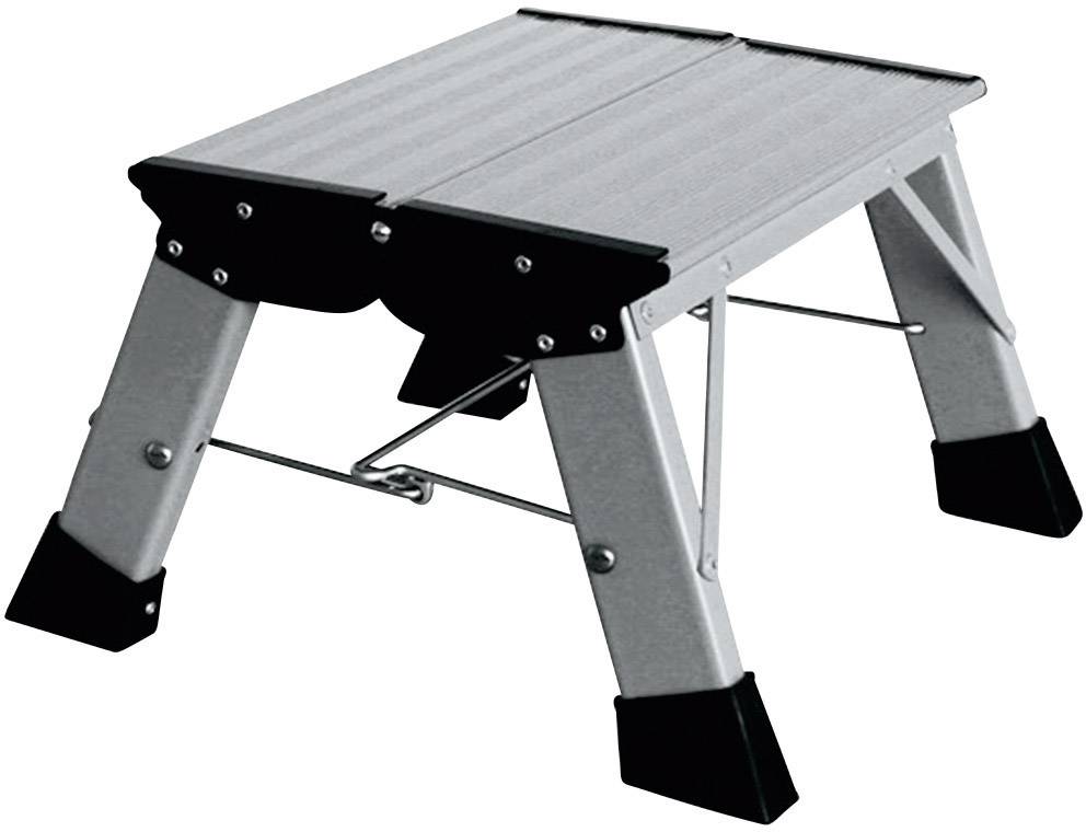 Klappbarer Tritt aus Metall mit rutschfester Oberfläche und stabilen Standfüßen, ideal für den Haushalt oder die Werkstatt.