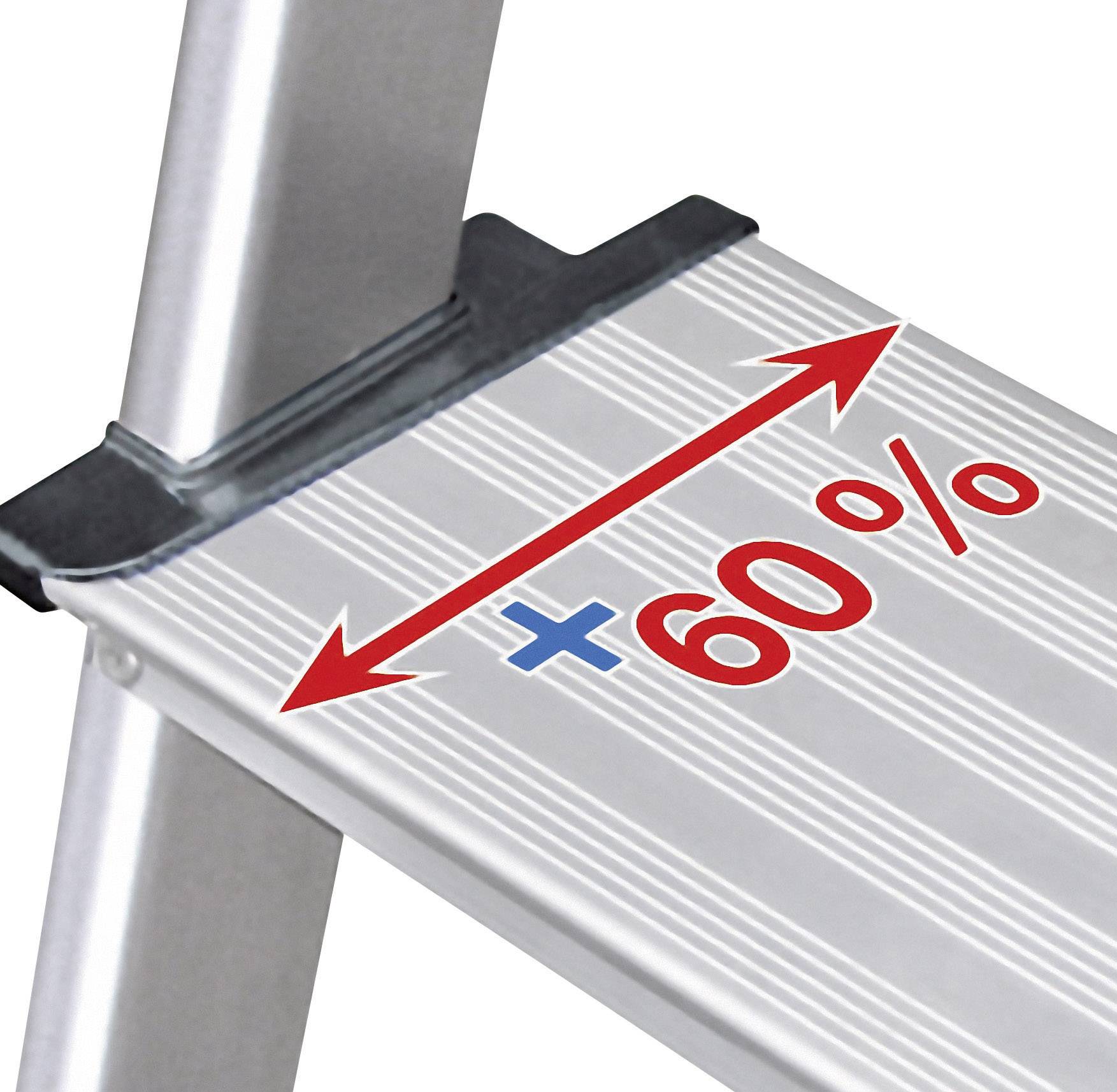 Eine Metallleiter mit einer Stufe, auf der in Rot '+60%' steht. Dies deutet auf eine erhöhte Stufenbreite hin.