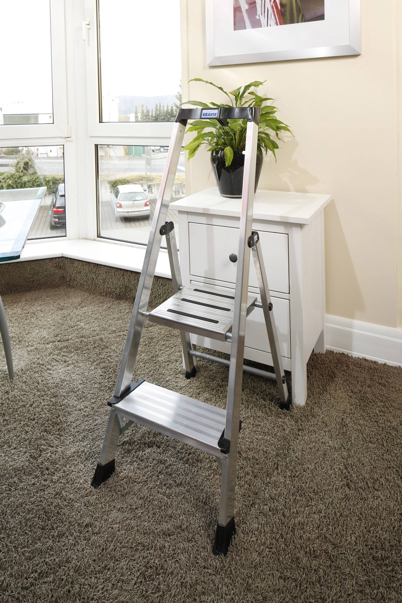 Eine Metallleiter steht auf einem Teppich neben einer weißen Kommode. Auf der Kommode befindet sich eine grüne Pflanze.