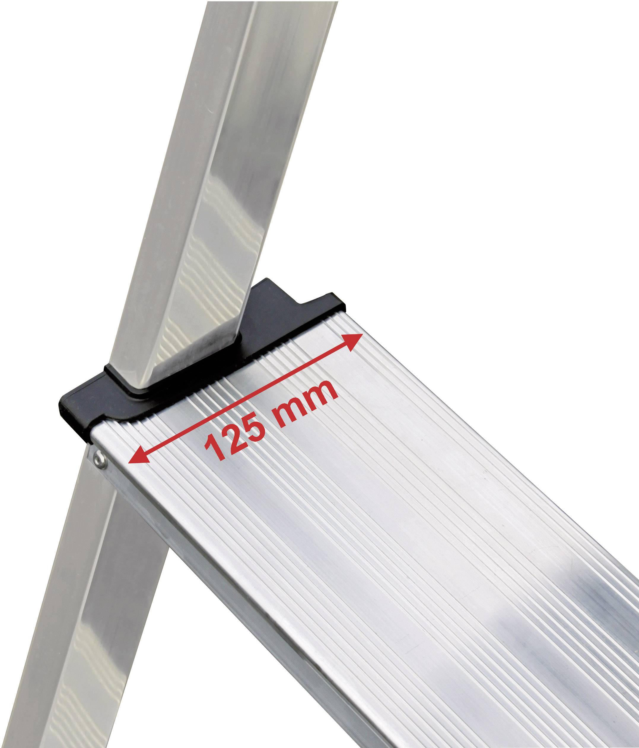 Aluleiter mit einer Stufe, die eine Breite von '125 mm' zeigt. Klare Riffelung auf der Oberfläche für besseren Halt.
