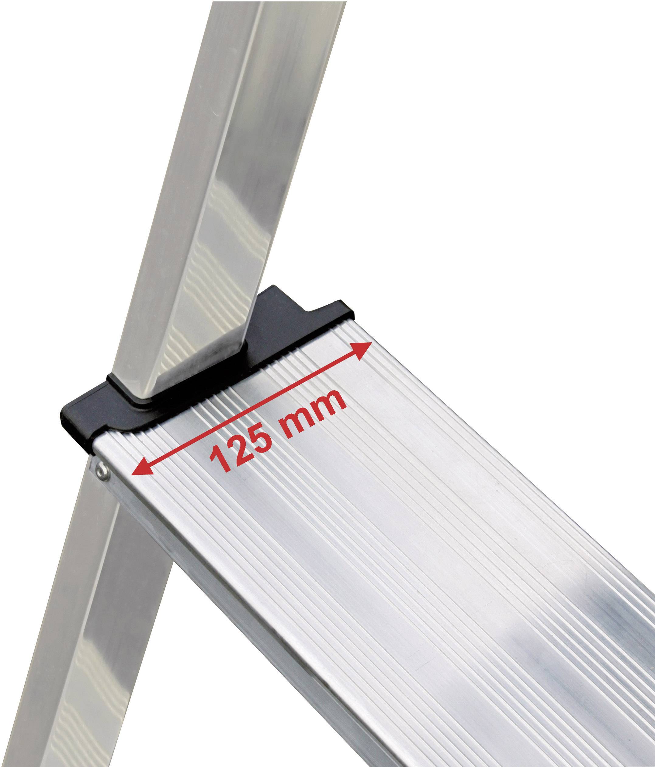 Eine Nahaufnahme einer Metallleiterstufe mit Beschriftung '125 mm', die die Breite der Stufe anzeigt.