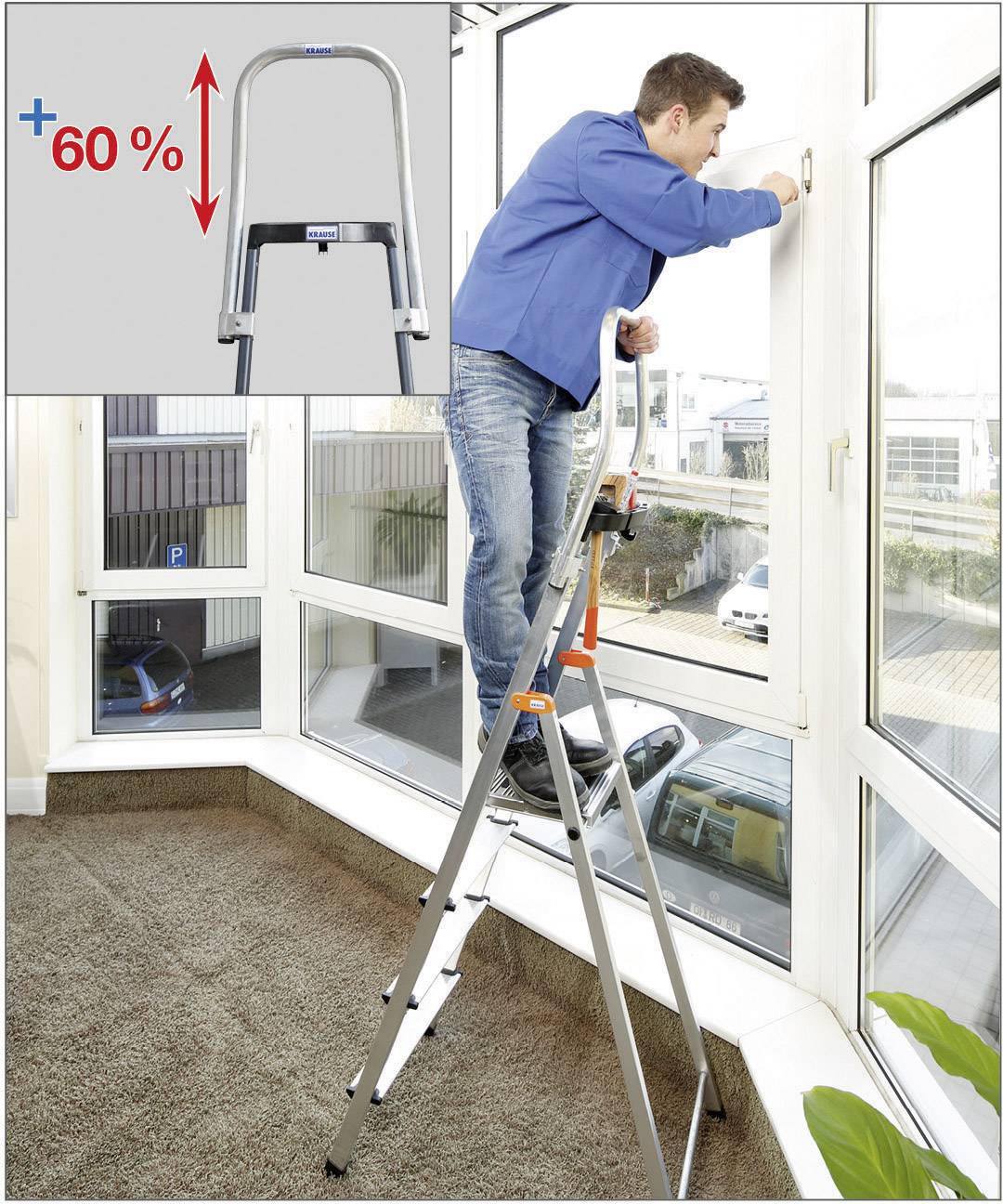 Ein Mann in Jeans und blauer Jacke steht auf einer Leiter im Raum und arbeitet am Fenster. Ein Ausschnitt zeigt eine Trittstufe mit '+60%'.