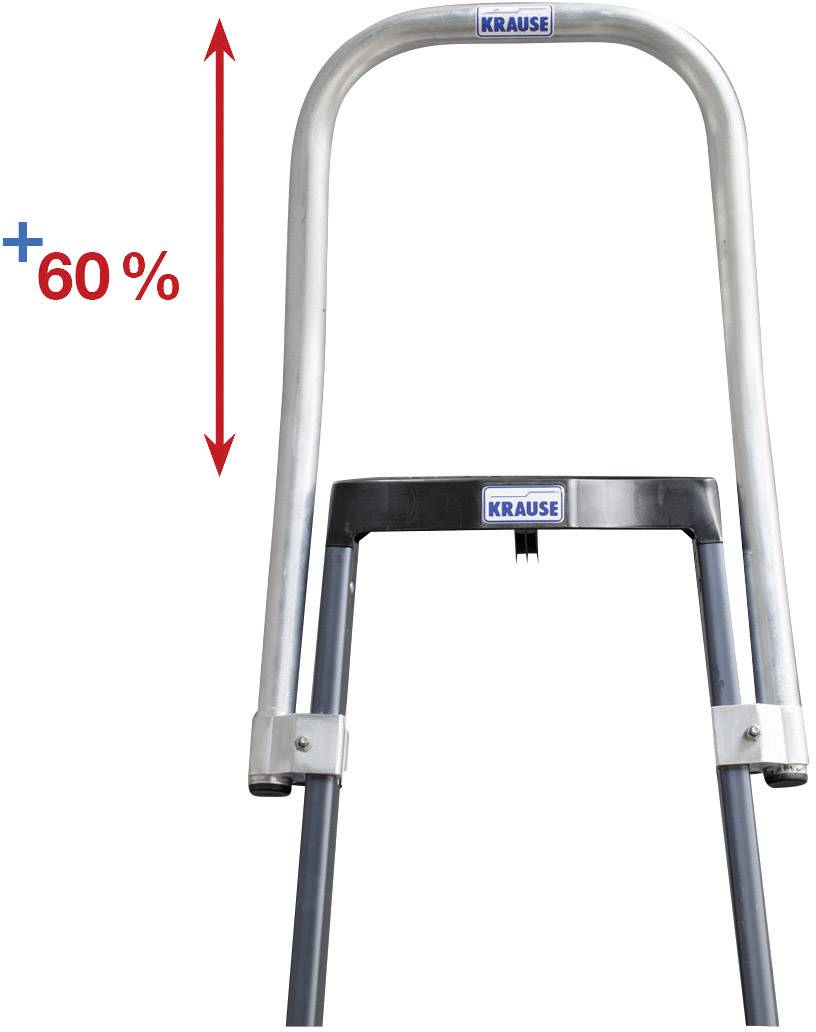 Leiter mit erweitertem Handlauf um 60 % höhere Sicherheitsstufe, mit KRAUSE-Logo. Roter Pfeil weist auf Handlauferweiterung hin.