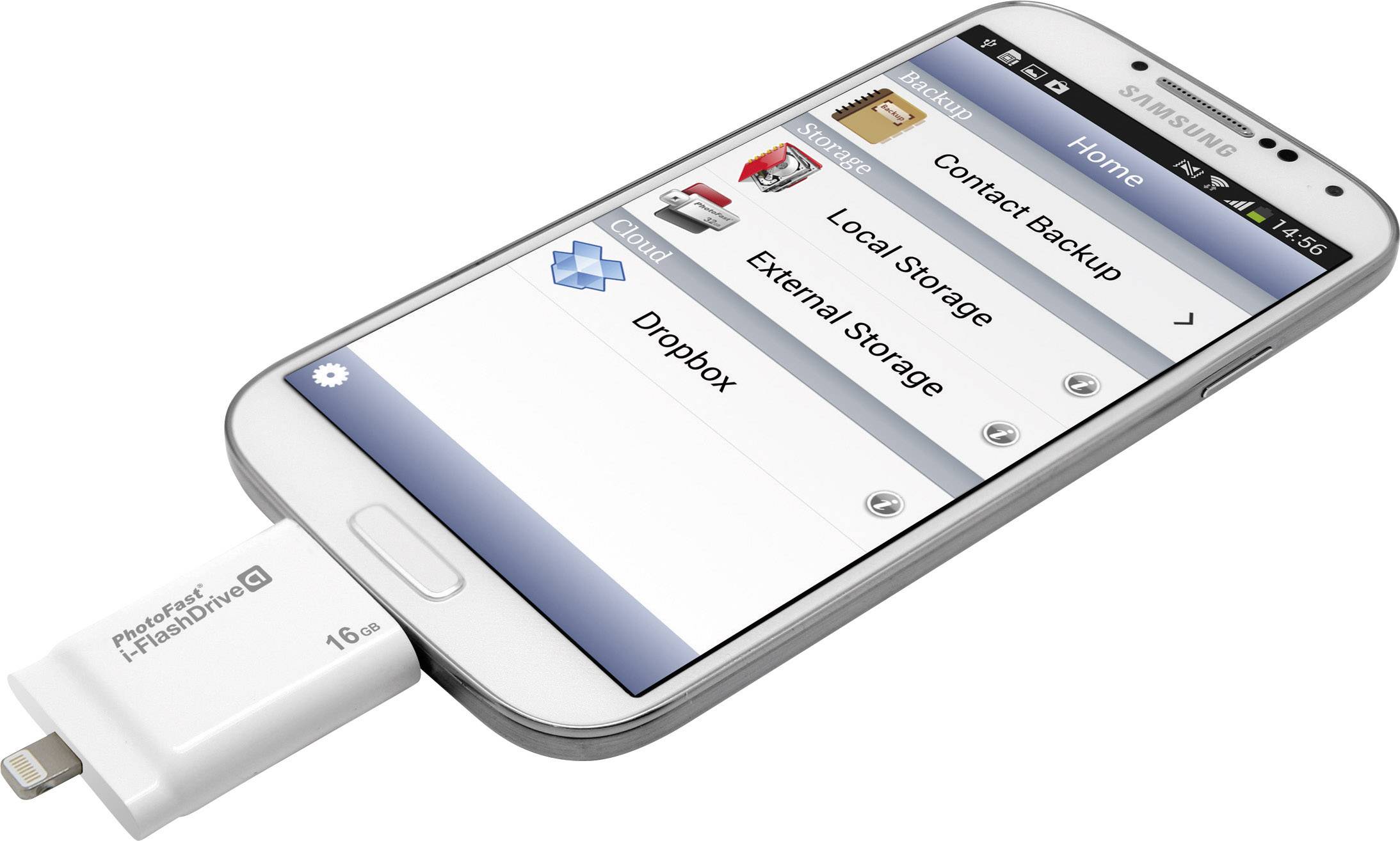 PhotoFast I-FlashDrive A Gen2 Lightning USB-Zusatzspeicher Smartphone/Tablet Weiß 16 GB USB 2.0, Mini USB 2.0, Apple Lightning
