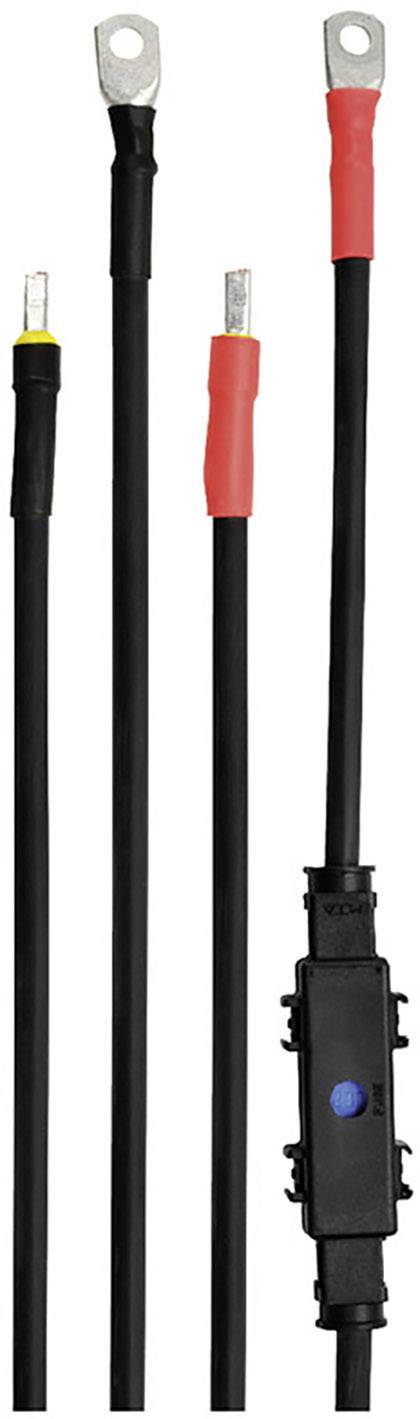 Schwarze Kabel mit Anschlüssen und einem kleinen, rechteckigen, schwarzen Modul mit blauer Taste in der Mitte.