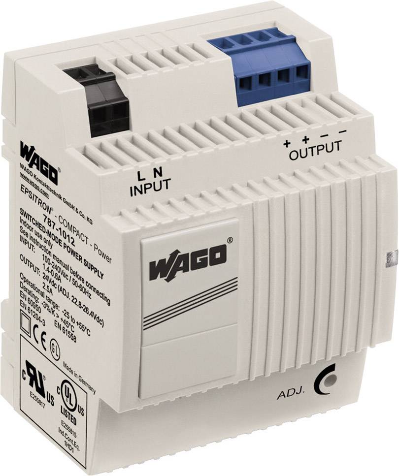 Stromversorgungseinheit mit WAGO-Logo, Eingangs- und Ausgangsanschlüssen. Modell: EPSITRON COMPACT.