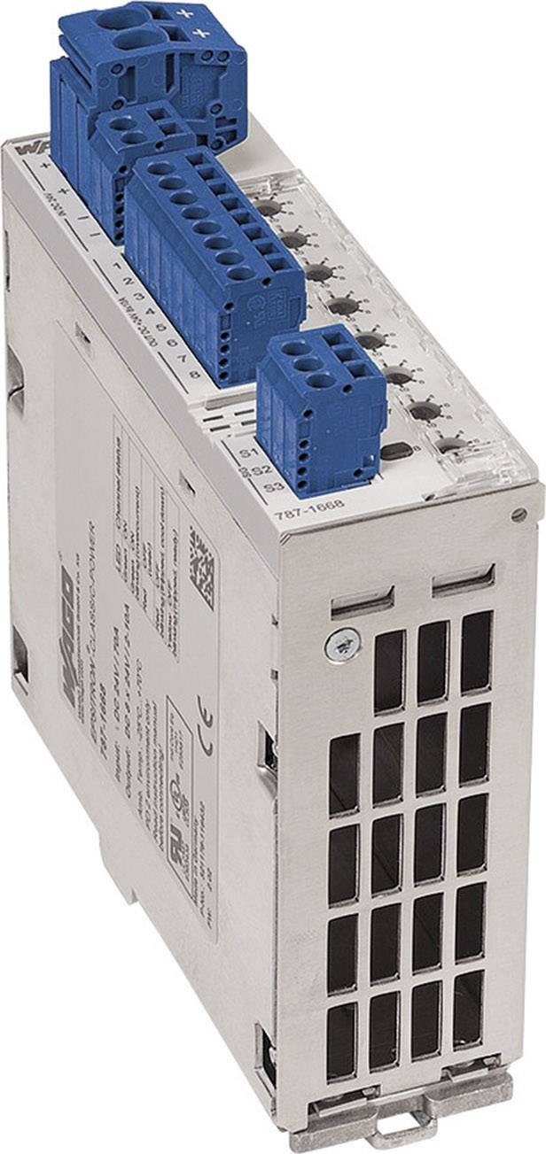 Elektronisches Modul mit blauen Anschlussklemmen und Metallgehäuse, zur Steuerung oder Regelung elektrischer Geräte.
