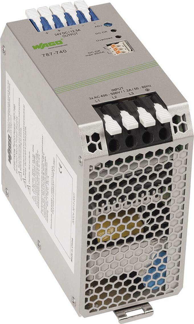 Ein graues, elektronisches Gerät mit Lüftungsgitter und blauen Steckverbindungen oben, wahrscheinlich ein Netzteil zur Stromversorgung.