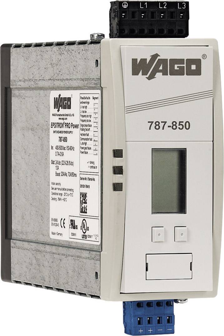 Steuergerät 'Wago 787-850' mit Display und Anschlussklemmen, verwendet zur Leistungsregelung in industriellen Anwendungen.