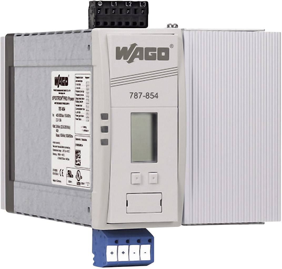 Elektronisches Gerät mit Display und Bedienknöpfen, beschriftet mit 'WAGO 787-854', für elektrische Steuerungsanwendungen.