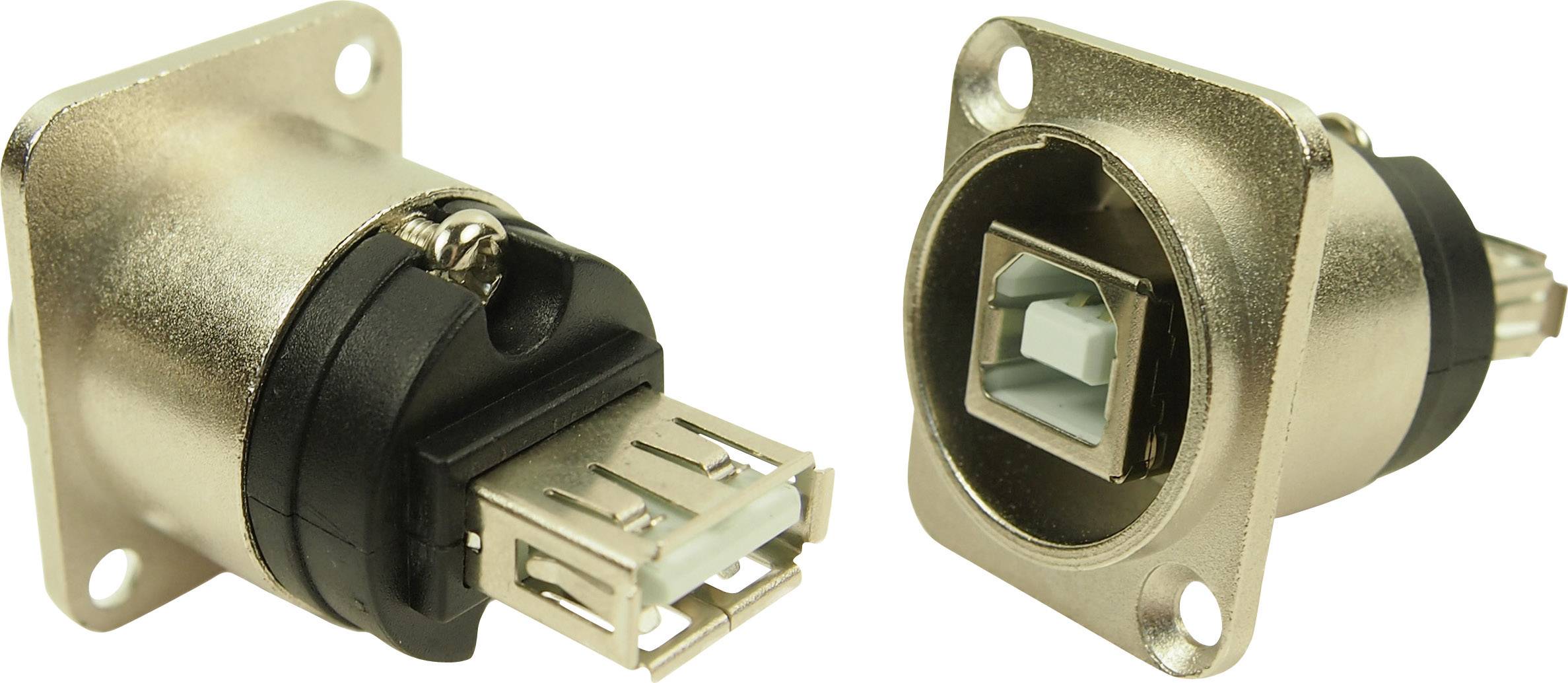 Zwei goldfarbene USB-Anschlüsse, einer weiblich und einer männlich, in stabilem Gehäuse, zeigen Front- und Rückansicht.