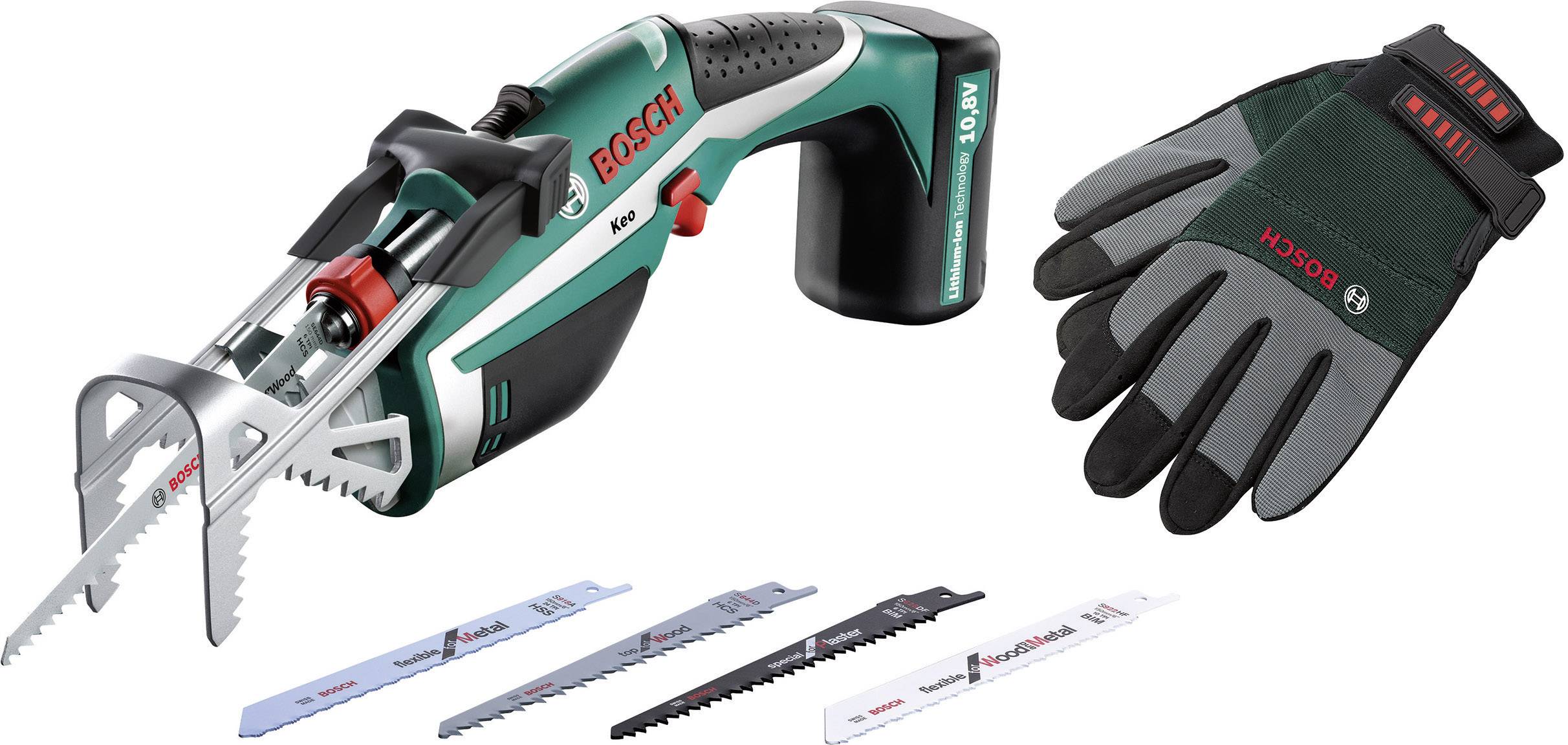 Bosch Home and Garden Keo Set Akku-Gartensäge + 5 Sägeblätter + Gartenhandschuhe + Tragekoffer 10.8V Li-Ion 0600861906