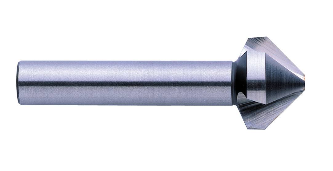 Ein Kegelsenker aus Metall mit zylindrischem Schaft und konischem Kopf, verwendet im Metallhandwerk zum Anfasen von Bohrlöchern.