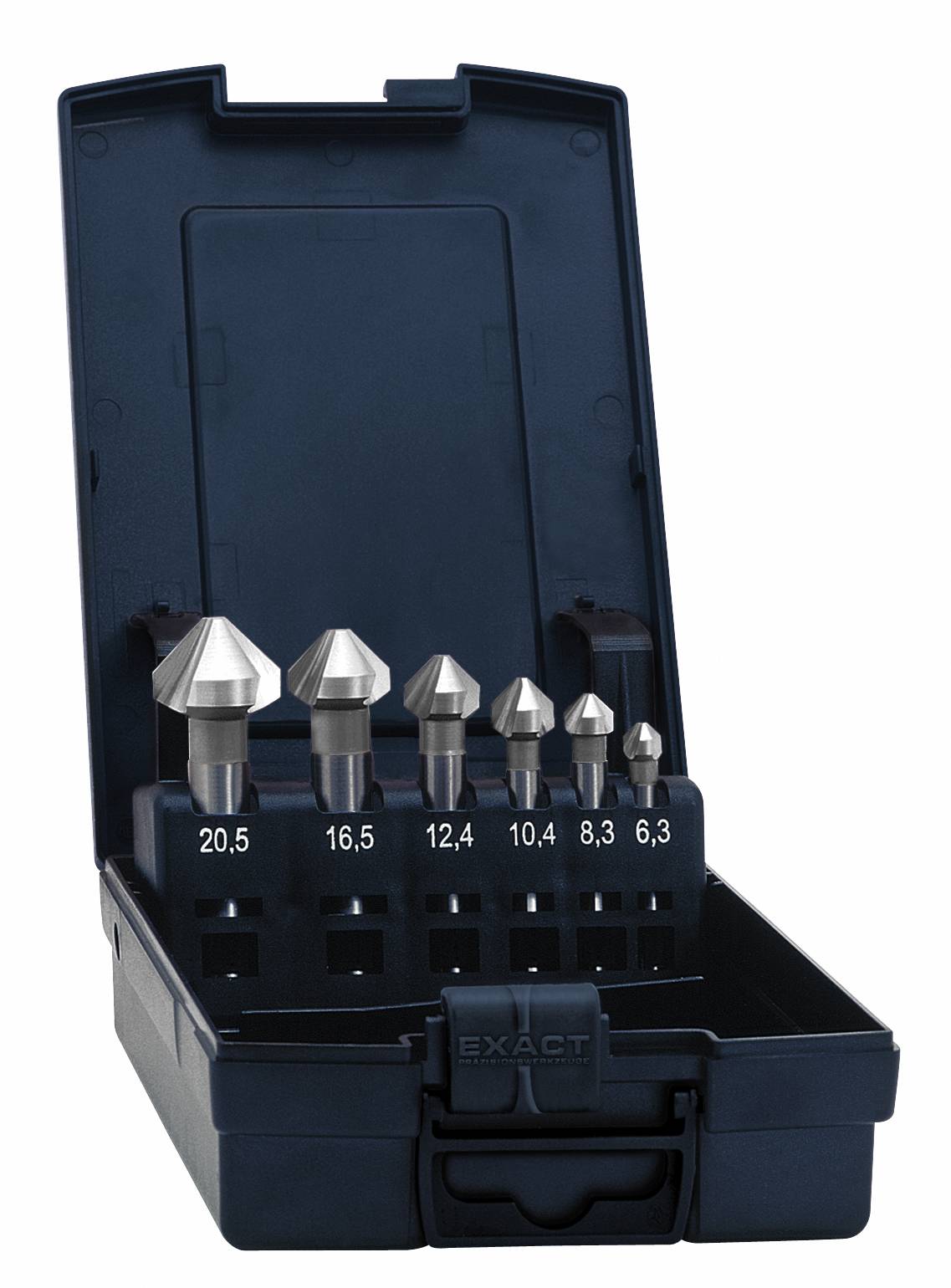 Ein schwarzer Koffer mit geöffnetem Deckel zeigt ein Set von Senkern in verschiedenen Größen: 20,5; 16,5; 12,4; 10,4; 8,3; 6,3 Millimeter.