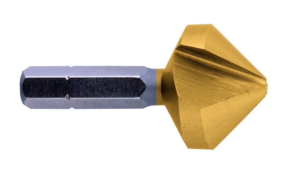 Goldener Senker aus Metall mit sechskantigem Schaft, für das Senken von Schraubenköpfen oder Löchern, industrielle Nutzung.