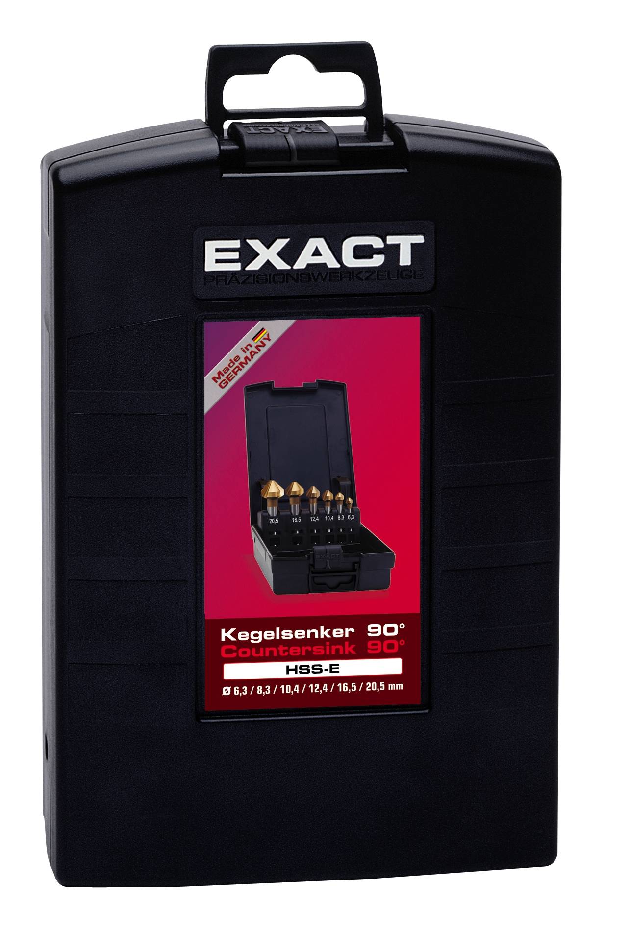 Schwarze Verpackung mit der Aufschrift 'EXACT' oben. Zeigt ein Set von Kegelsenkerbohrern mit Größenangaben für Metallbearbeitung.