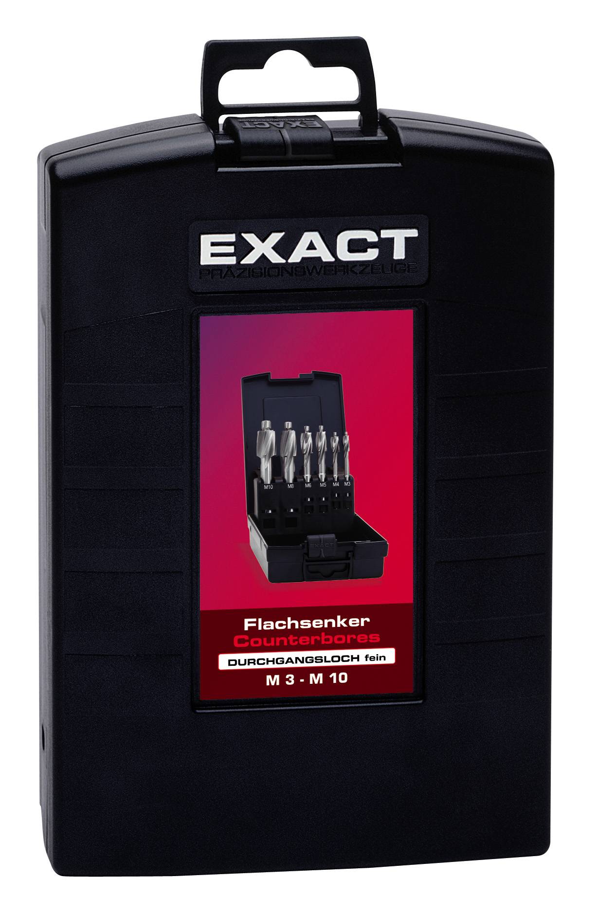 Schwarze Box mit rotem Etikett, das fünf silberne Flachsenker zeigt. Text: 'Flachsenker Counterbores Durchgangsloch fein M 3 - M 10'.