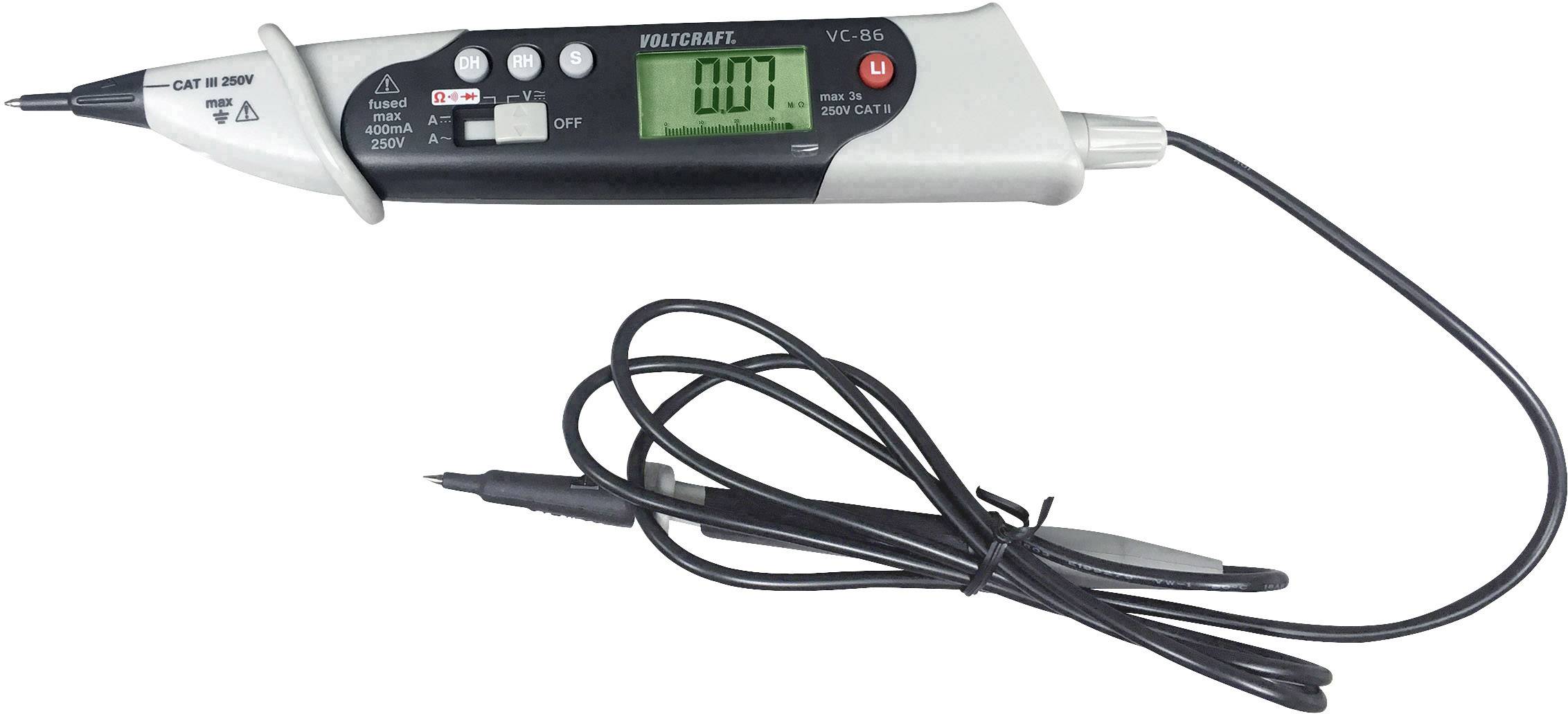 Elektrischer Spannungstester mit digitalem Display, zeigt '0.0V' an. Schwarze Sonde und Kabel, geeignet für Messungen bis 250V AC/DC.