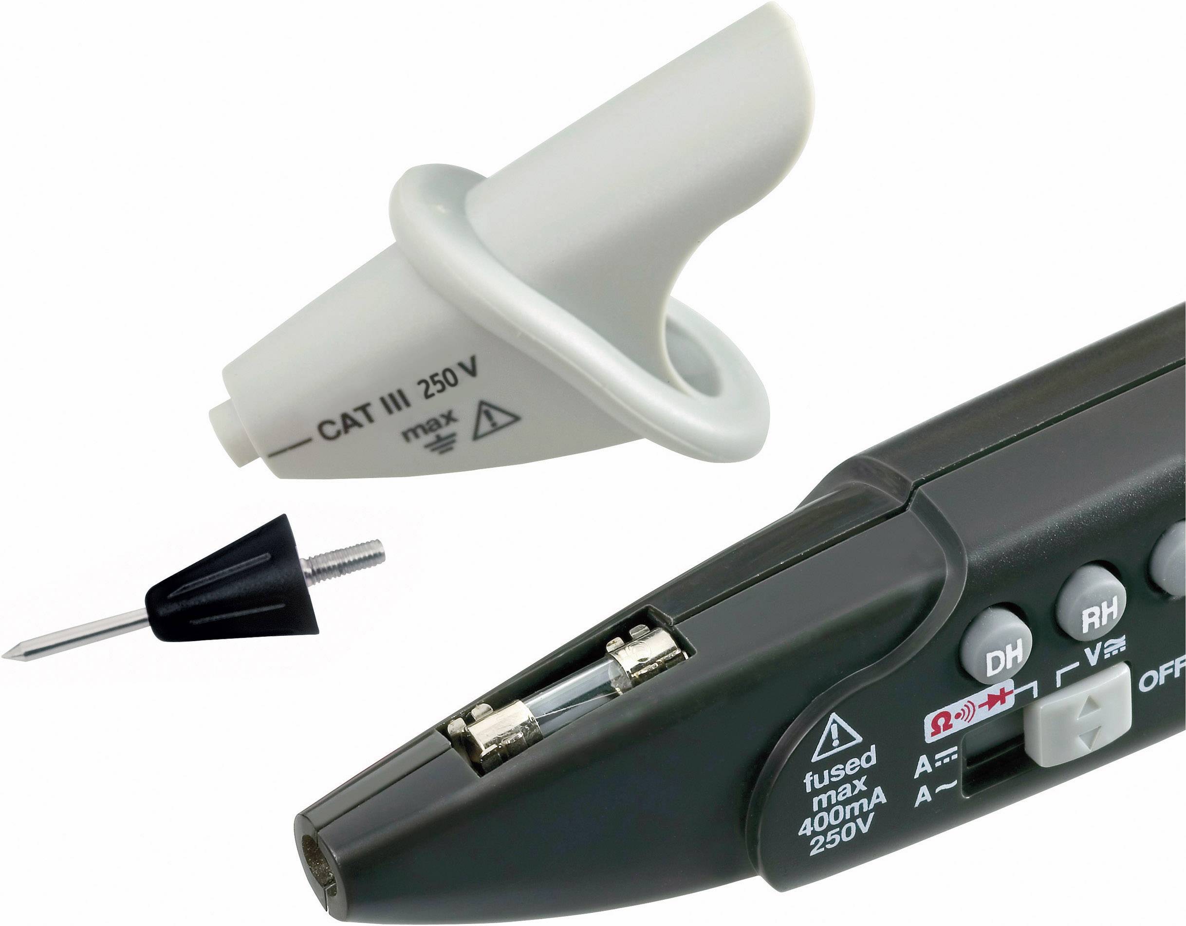 Spannungsprüfer mit abnehmbarem Spitze und CAT III 250V Isolierung, geeignet für Messungen bis max. 400V.